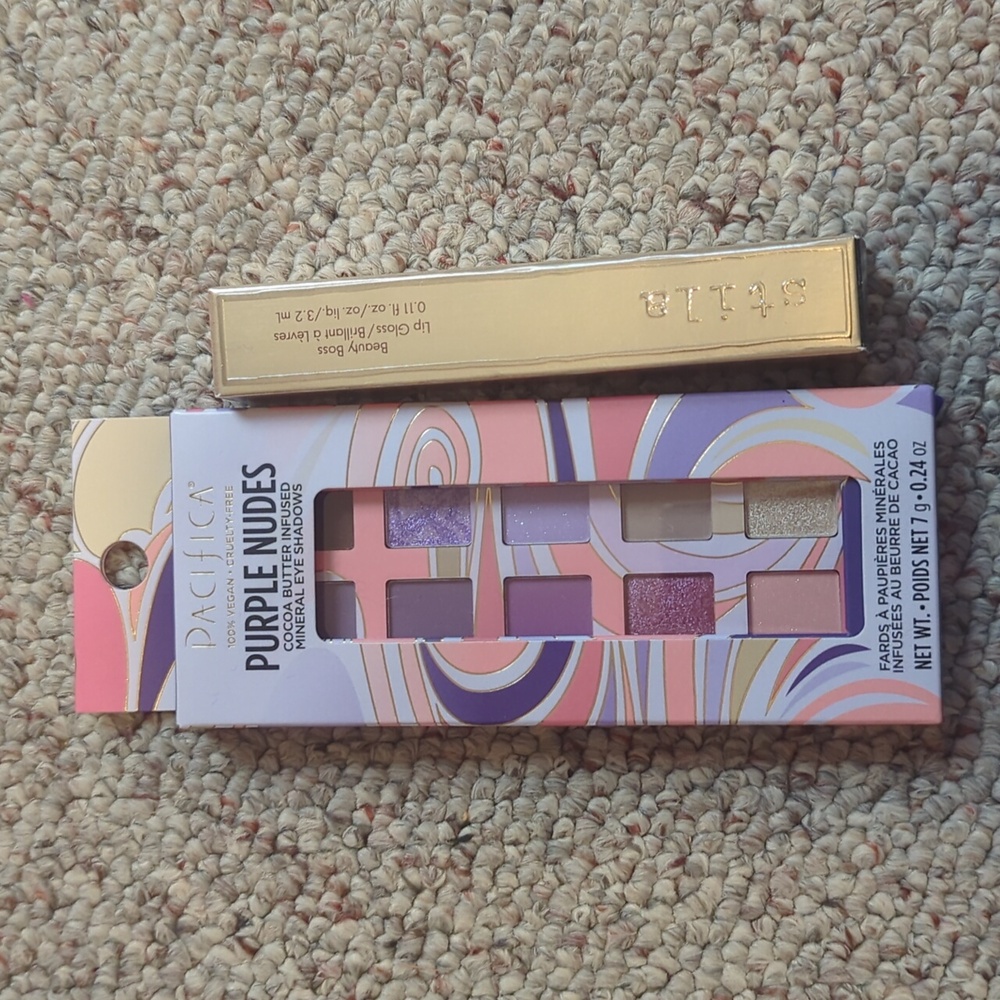 Stila black lip gloss and Pacifica eye shadows in purple nudes. New